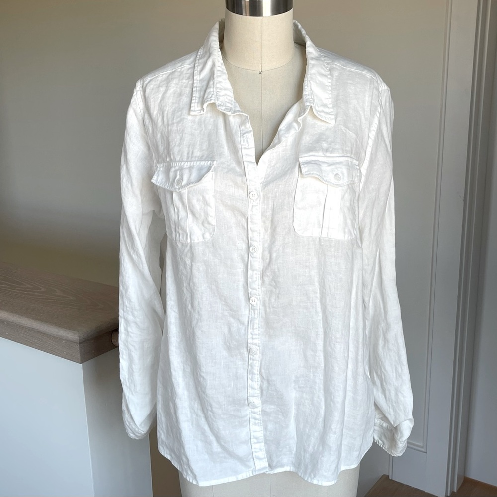 PURE Collection Women’s White Linen button down shirt, tab sleeves, size 12
